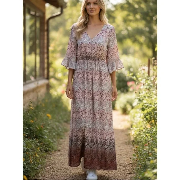 Love Reign Floral Boho 1/2 Bell Sleeve Maxi Dress  Size X SMALL - Picture 4 of 12